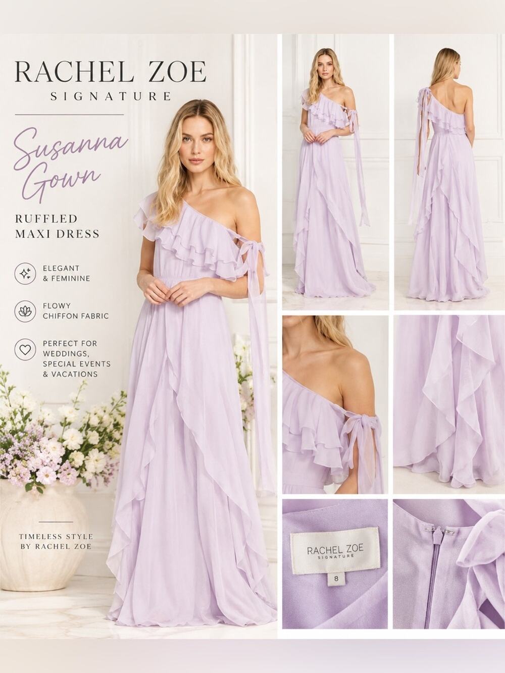 Rachel Zoe Susanna Lilac Silk Blend Ruffle Maxi Gown 8 NWT